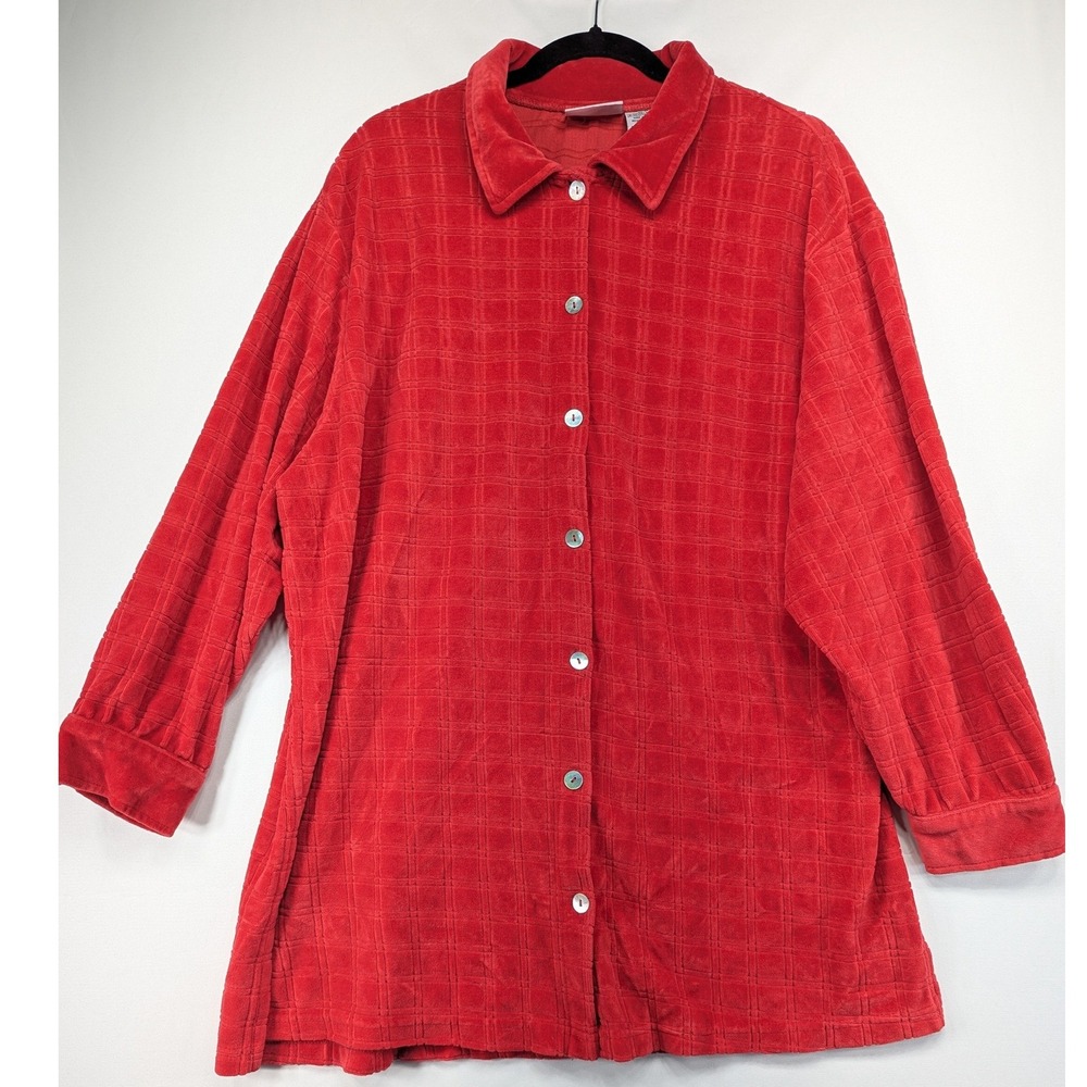 Capistrano Womens Red Textured Grid Velour Button Front Shirt Plus Size 22/24